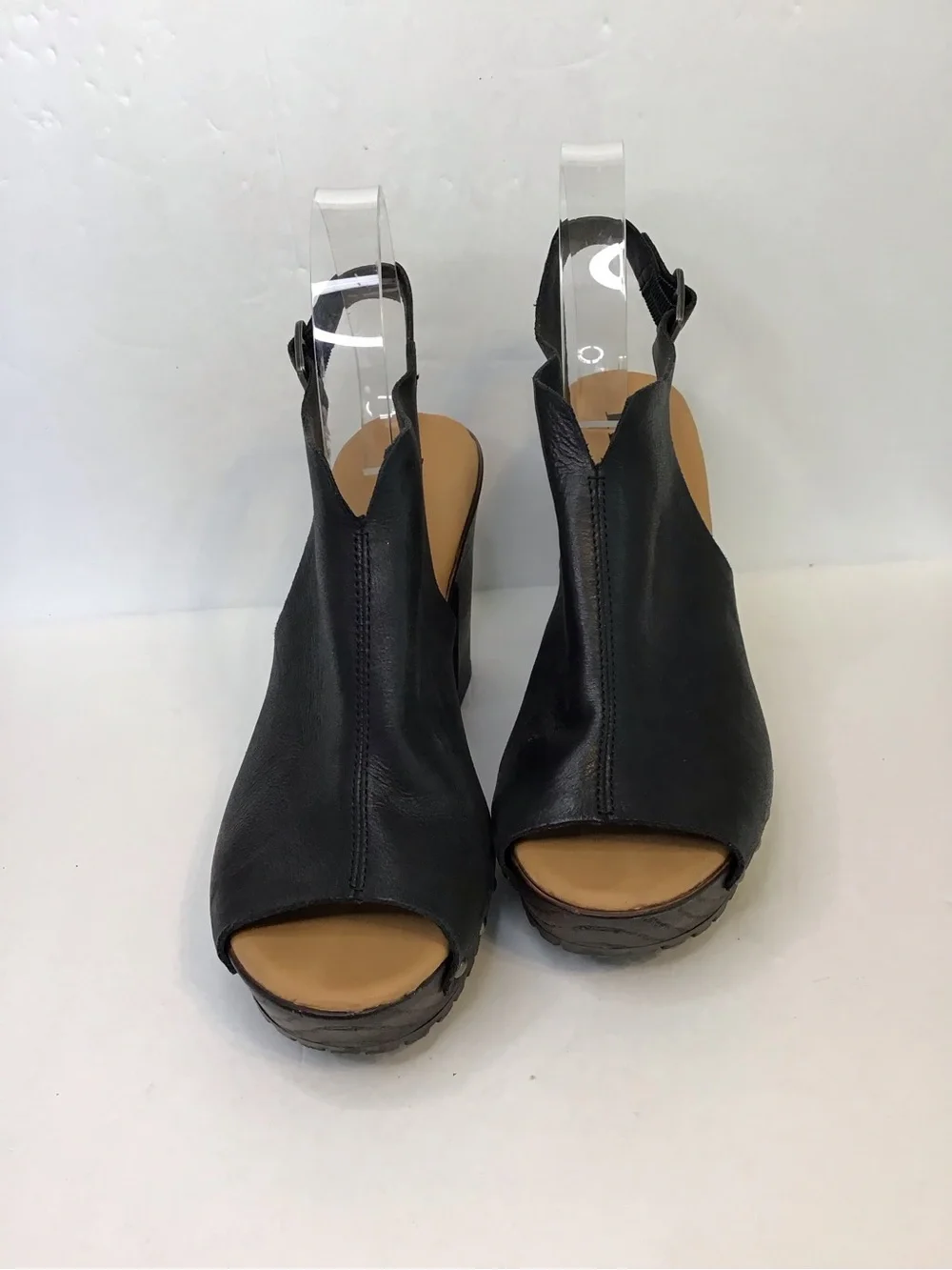 KORKS Women's Black Leather Sling-back Open Toe Nail-head Studded Platform Heels